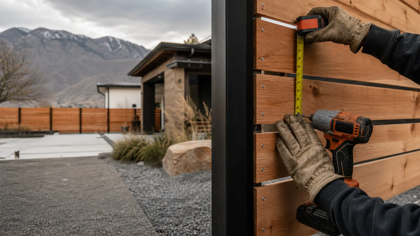Contractor measuring a horizontal cedar fence near the Wasatch Mountains