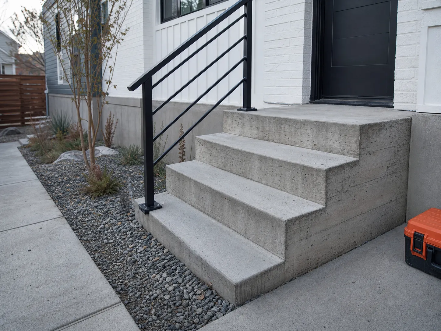 Board-formed concrete entry steps with a black steel handrail