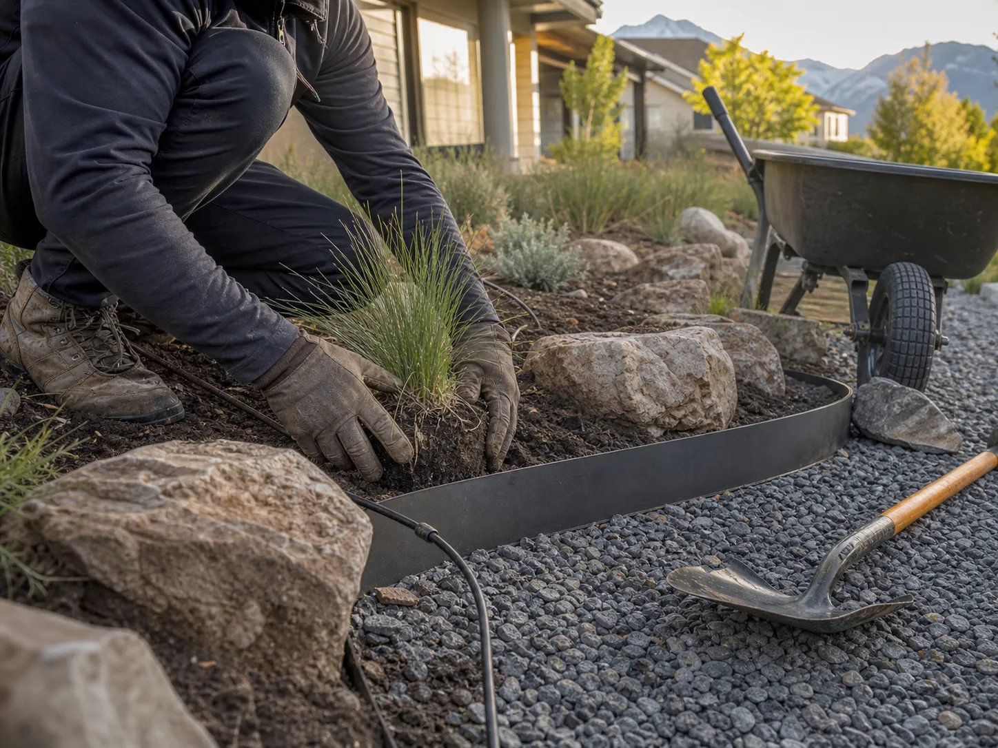 Contractor placing drought-tolerant grasses in a gravel landscape